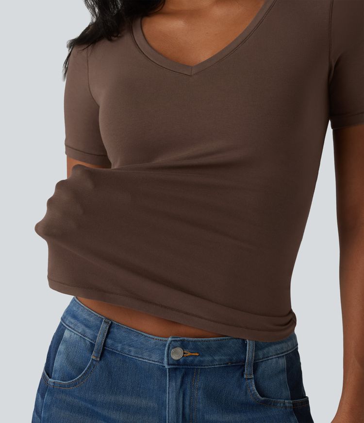 Halara Cotton Jersey V-neck Short Sleeve Built-in Bra Casual T-Shirt B-DD Cups