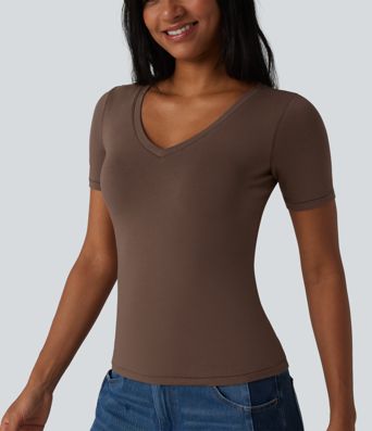 Halara Cotton Jersey V-neck Short Sleeve Built-in Bra Casual T-Shirt B-DD Cups