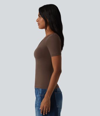 Halara Cotton Jersey V-neck Short Sleeve Built-in Bra Casual T-Shirt B-DD Cups