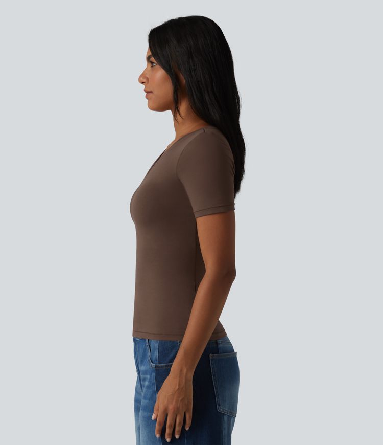 Halara Cotton Jersey V-neck Short Sleeve Built-in Bra Casual T-Shirt B-DD Cups