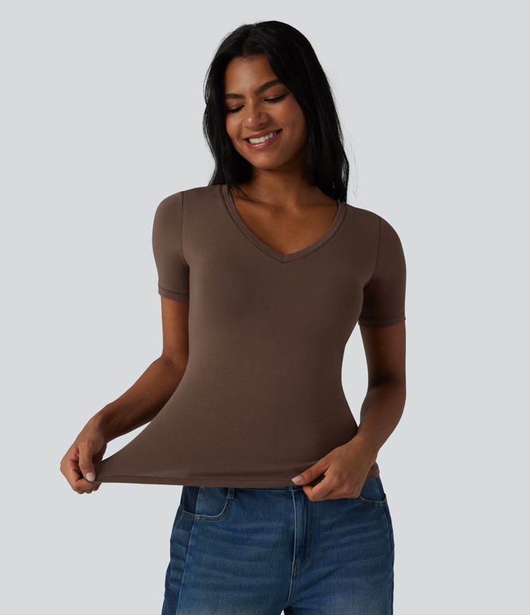 Halara Cotton Jersey V-neck Short Sleeve Built-in Bra Casual T-Shirt B-DD Cups