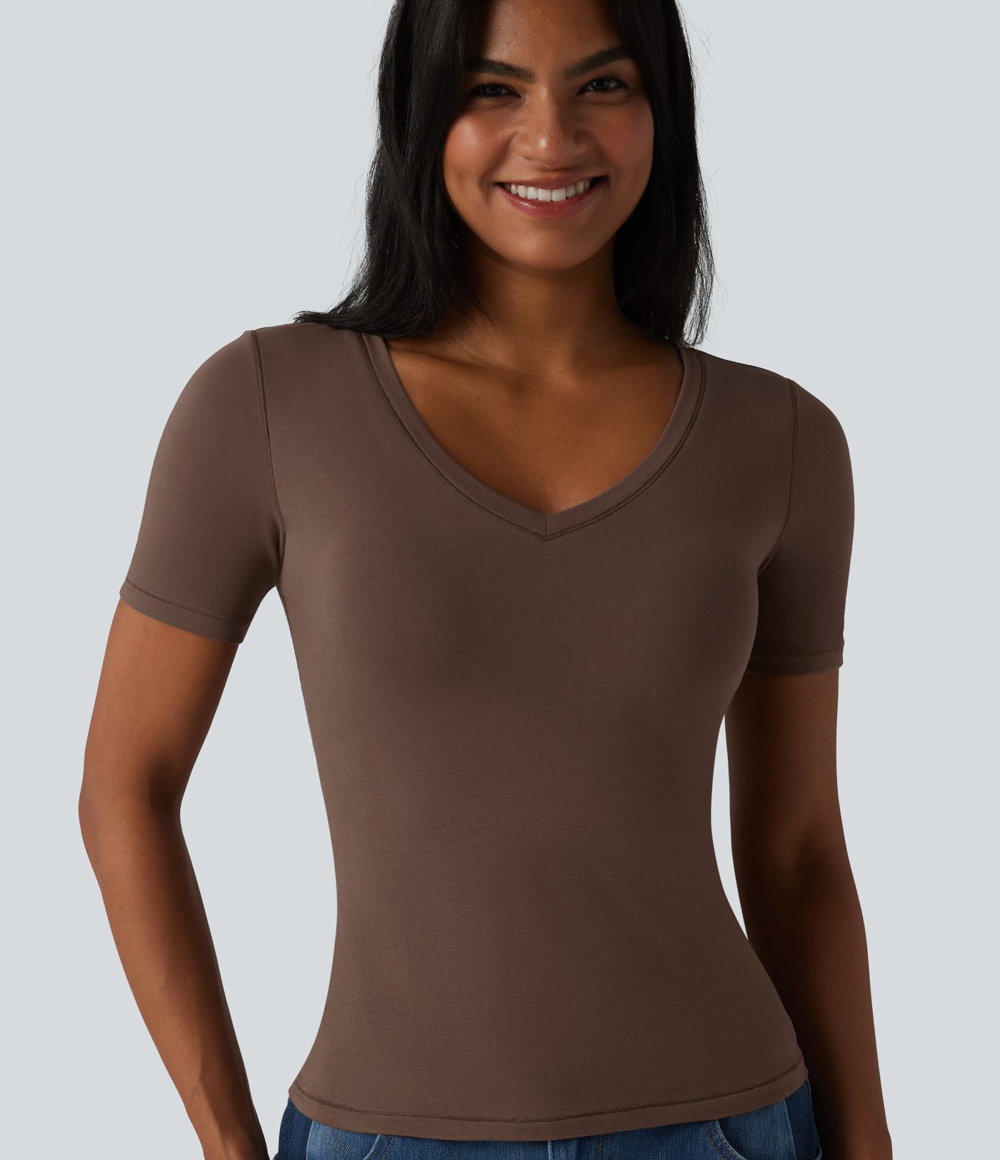 Halara Cotton Jersey V-neck Short Sleeve Built-in Bra Casual T-Shirt B-DD Cups