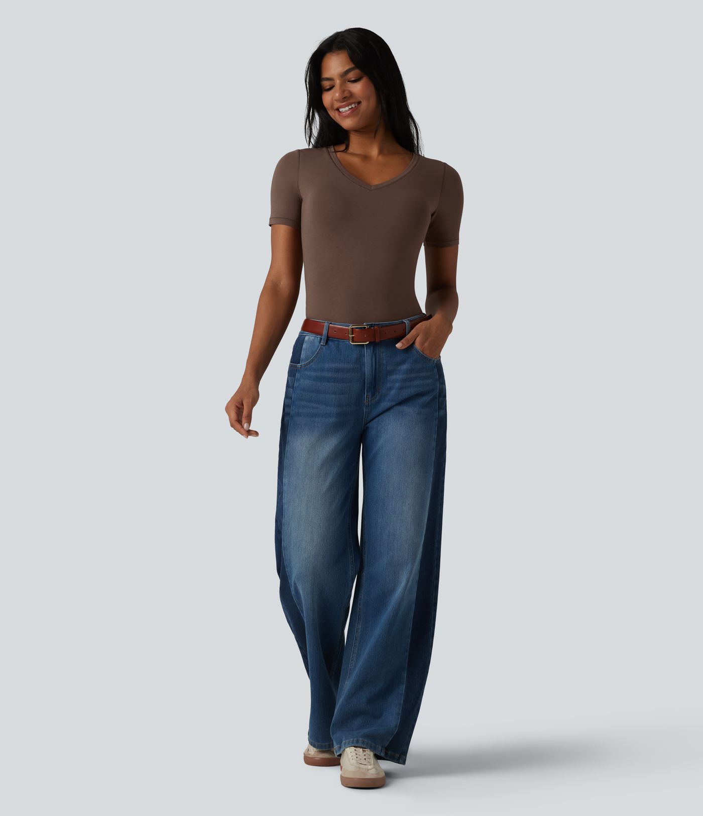 Halara Cotton Jersey V-neck Short Sleeve Built-in Bra Casual T-Shirt B-DD Cups