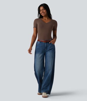 Halara Cotton Jersey V-neck Short Sleeve Built-in Bra Casual T-Shirt B-DD Cups