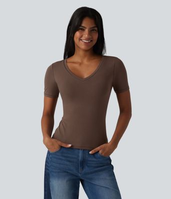 Halara Cotton Jersey V-neck Short Sleeve Built-in Bra Casual T-Shirt B-DD Cups