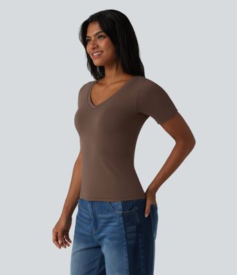 Halara Cotton Jersey V-neck Short Sleeve Built-in Bra Casual T-Shirt B-DD Cups