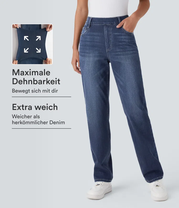  Halara Flex™ Gewaschene Slim Jeans aus elastischem Strick-Denim mit hohem Bund, mehreren Taschen und geradem Bein