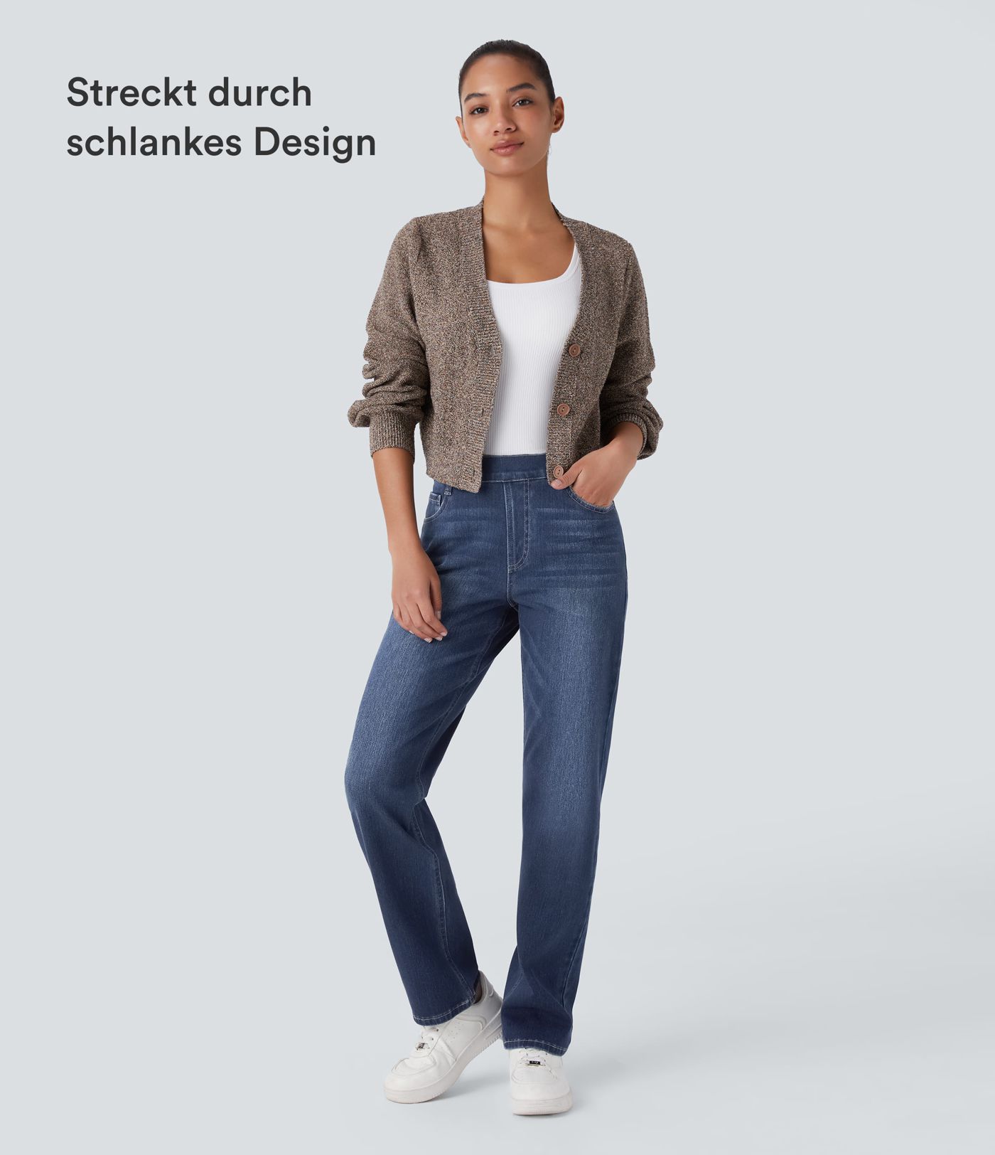 Halara Flex™ Washed Slim Jeans made from stretchy knit denim with a high waist, multiple pockets and a straight leg