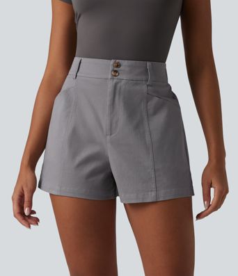 High Waisted Work Chino Cotton Baggy Shorts with Pockets