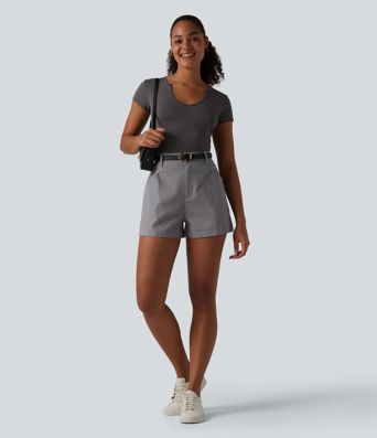 High Waisted Work Chino Cotton Baggy Shorts with Pockets