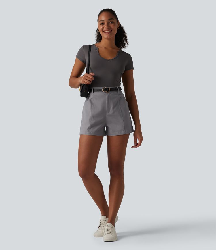 High Waisted Work Chino Cotton Baggy Shorts with Pockets