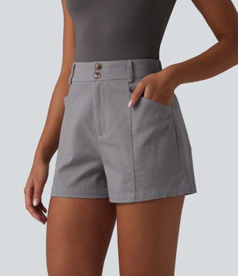 High Waisted Work Chino Cotton Baggy Shorts with Pockets