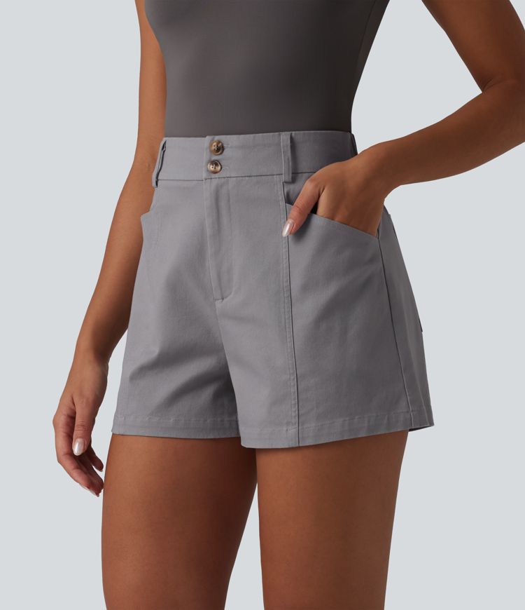 High Waisted Work Chino Cotton Baggy Shorts with Pockets