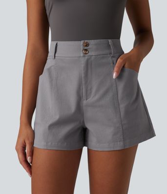 High Waisted Work Chino Cotton Baggy Shorts with Pockets