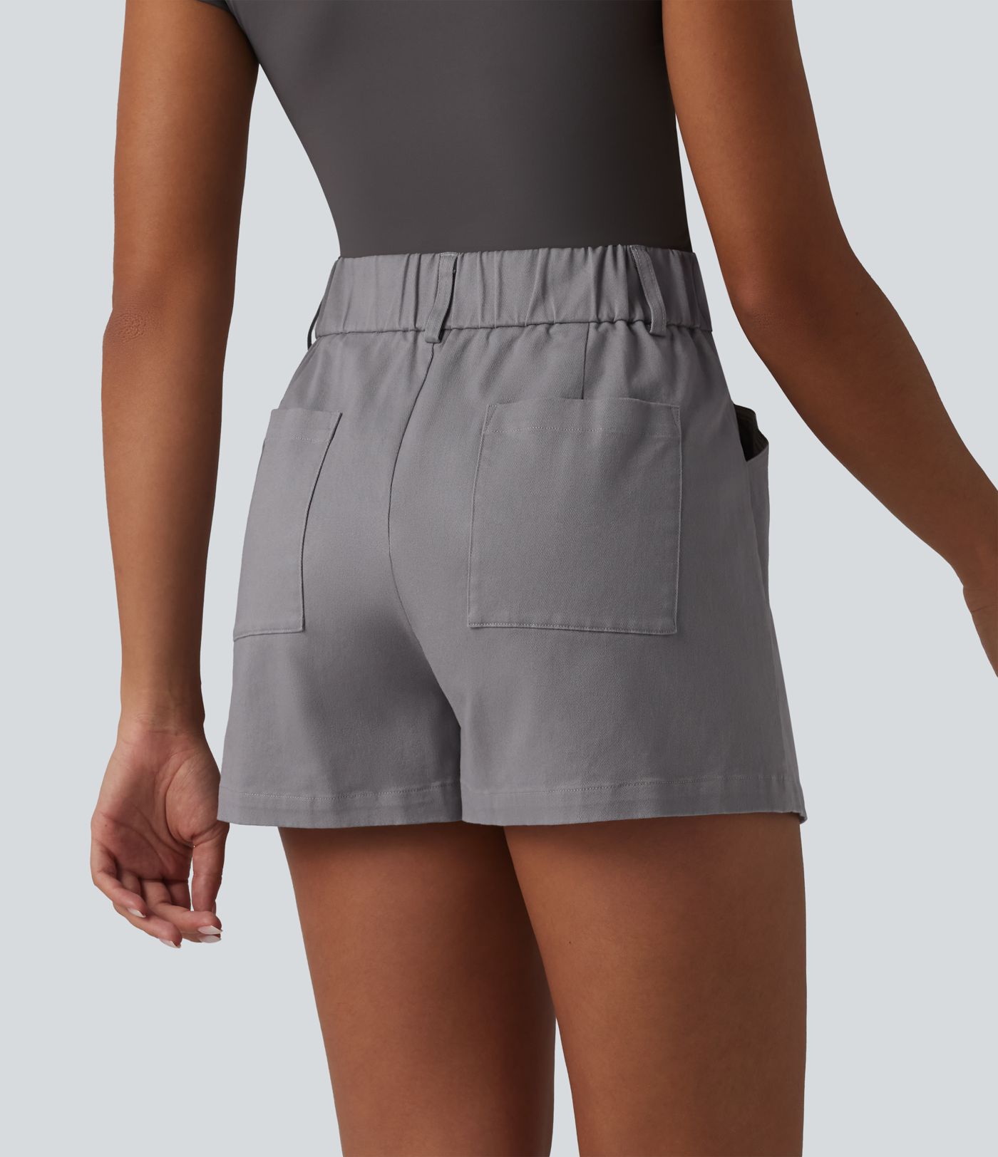 High Waisted Work Chino Cotton Baggy Shorts with Pockets