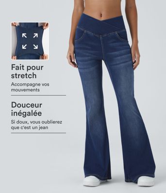 Halara Flex™ High-Waisted Flared Jeans with Crossover Pocket, Washed Stretch Fabric