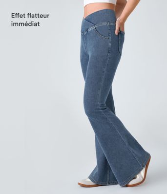 Halara Flex™ Jean Évasé Super Casual Tricot Extensible Lavé Toucher Frais Taille Haute Poches Croisées