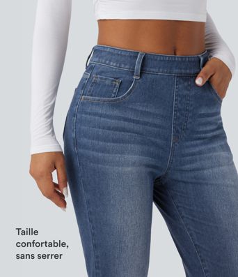 Halara Flex™ Hochsitzende Jeans mit umgeschlagenem Saum, lässiger Slim-Schnitt mit Taschen
