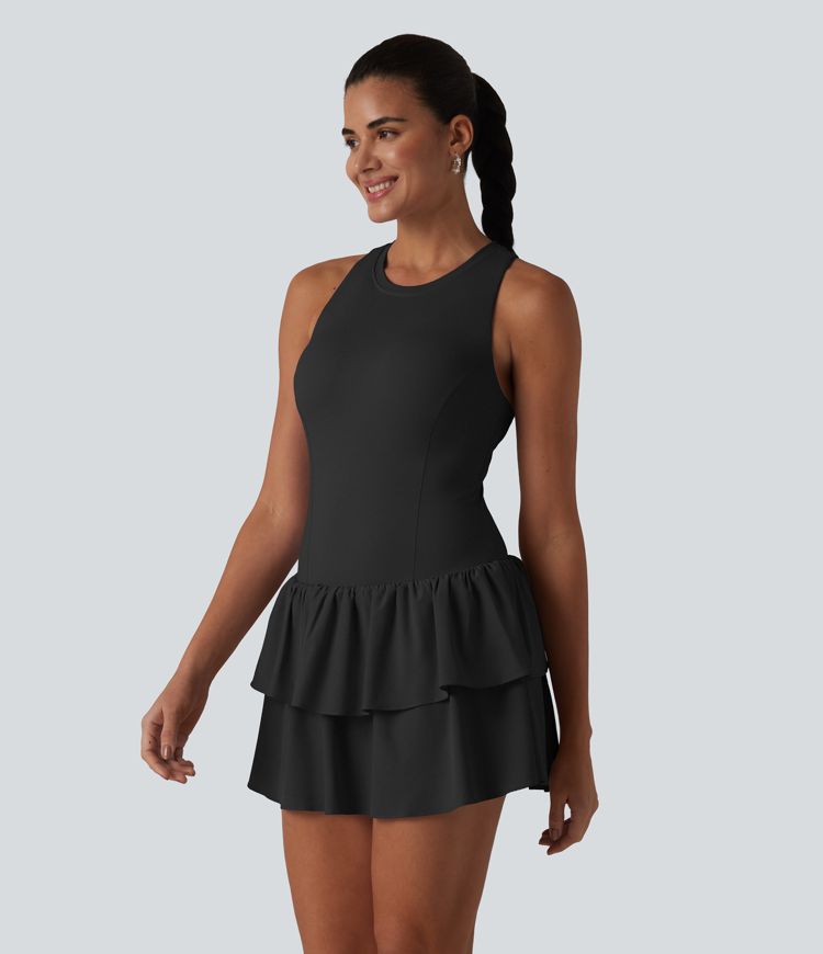 Breezeful™ Robe casual 2 en 1 sans manches dos nageur à séchage rapide, ourlet à volants étagés avec soutien-gorge intégré Breezeful™ Robe casual 2 en 1 sans manches dos nageur à séchage rapide, ourlet à volants étagés avec soutien-gorge intégré