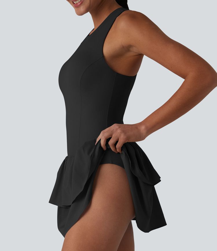 Breezeful™ Robe casual 2 en 1 sans manches dos nageur à séchage rapide, ourlet à volants étagés avec soutien-gorge intégré Breezeful™ Robe casual 2 en 1 sans manches dos nageur à séchage rapide, ourlet à volants étagés avec soutien-gorge intégré