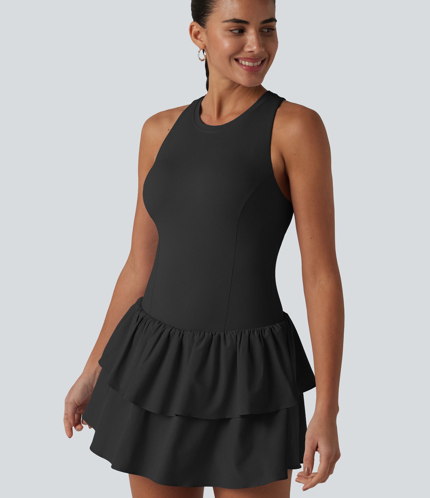 Breezeful™ Robe casual 2 en 1 sans manches dos nageur à séchage rapide, ourlet à volants étagés avec soutien-gorge intégré Breezeful™ Robe casual 2 en 1 sans manches dos nageur à séchage rapide, ourlet à volants étagés avec soutien-gorge intégré