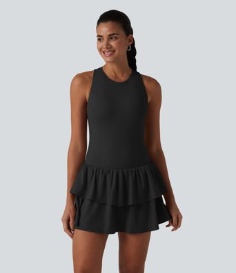 Breezeful™ Robe casual 2 en 1 sans manches dos nageur à séchage rapide, ourlet à volants étagés avec soutien-gorge intégré Breezeful™ Robe casual 2 en 1 sans manches dos nageur à séchage rapide, ourlet à volants étagés avec soutien-gorge intégré