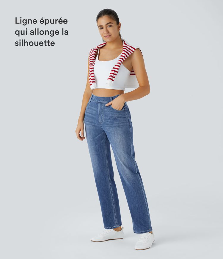 Jean droit Halara Flex™ à taille haute, poches multiples, effet délavé et tissu extensible