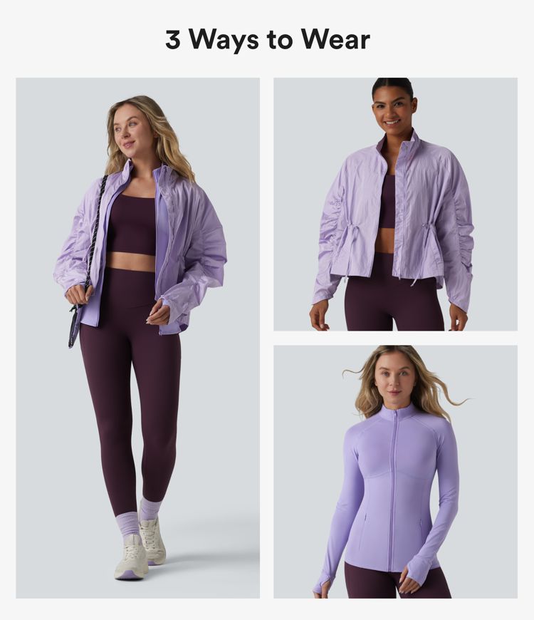 Durable Water Repellent Stand Collar Ruched Sleeve Drawstring Thumb Holes Hiking 3-in-1 Jacket with Pockets