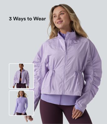 Durable Water Repellent Stand Collar Ruched Sleeve Drawstring Thumb Holes Hiking 3-in-1 Jacket with Pockets