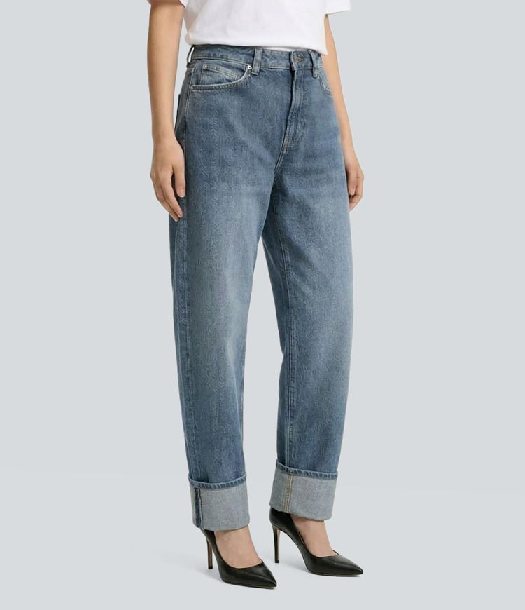 Halara Flex™ Jean barrel fuselé délavé taille mi-haute à ourlet retroussé avec poches