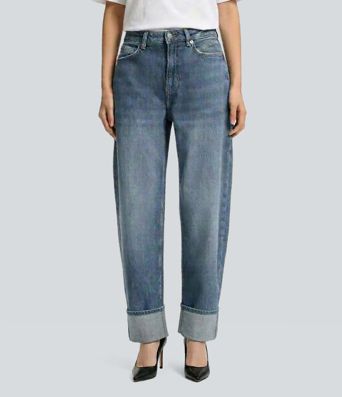 Halara Flex™ Jean barrel fuselé délavé taille mi-haute à ourlet retroussé avec poches