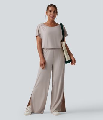 Casual asymmetrical short-sleeved jumpsuit with pockets and slit - Easy Peasy