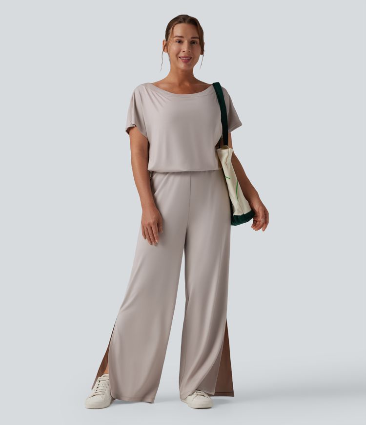 Casual asymmetrical short-sleeved jumpsuit with pockets and slit - Easy Peasy