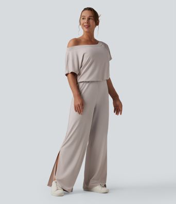 Casual asymmetrical short-sleeved jumpsuit with pockets and slit - Easy Peasy