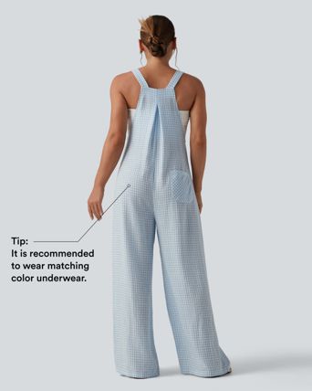 Plaid Casual Linen-Feel Overalls with Pockets