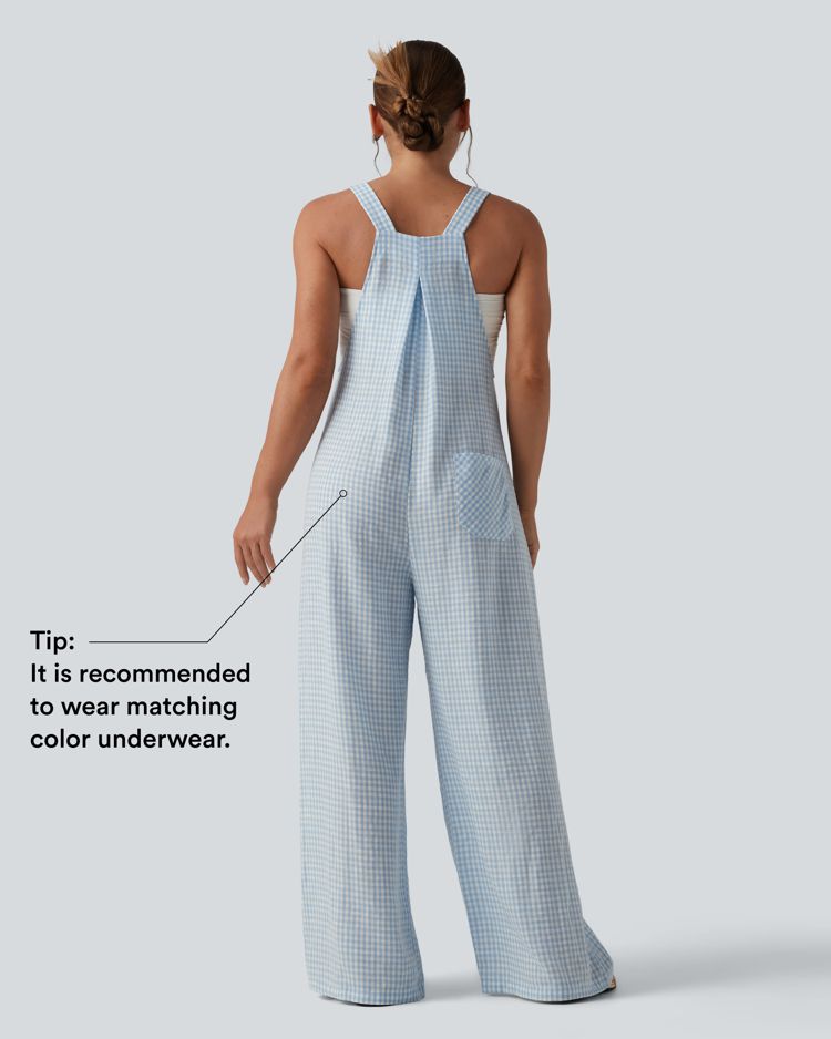 Plaid Casual Linen-Feel Overalls with Pockets