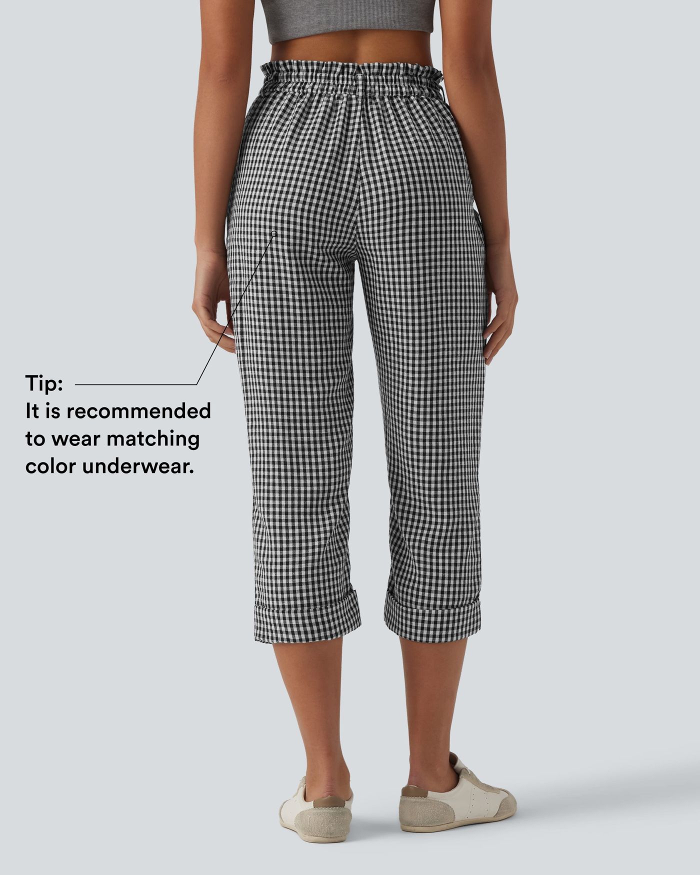 High Waisted Cropped Plaid Casual Linen-Feel Pants with Pockets