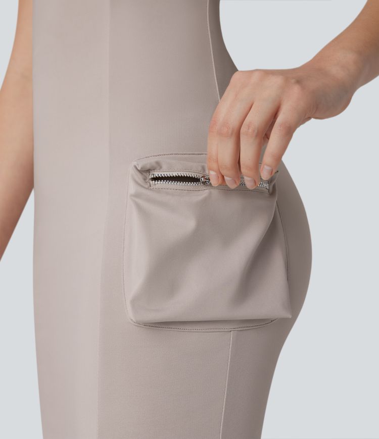 Vestido Bodycon Corto Activo de Baile con Bolsillo de Cremallera Cargo Racerback de 2 Piezas
