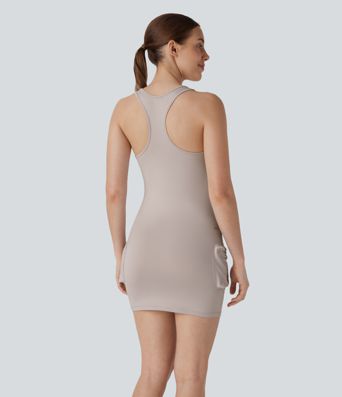 Vestido Bodycon Corto Activo de Baile con Bolsillo de Cremallera Cargo Racerback de 2 Piezas