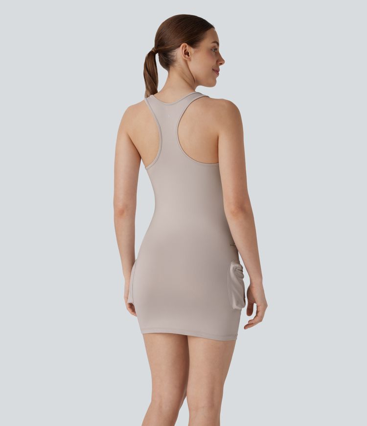 Vestido Bodycon Corto Activo de Baile con Bolsillo de Cremallera Cargo Racerback de 2 Piezas