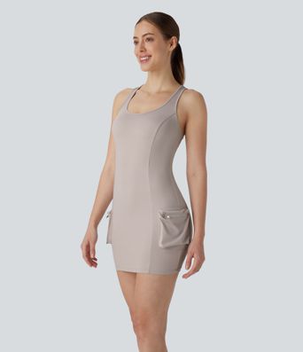 Vestido Bodycon Corto Activo de Baile con Bolsillo de Cremallera Cargo Racerback de 2 Piezas