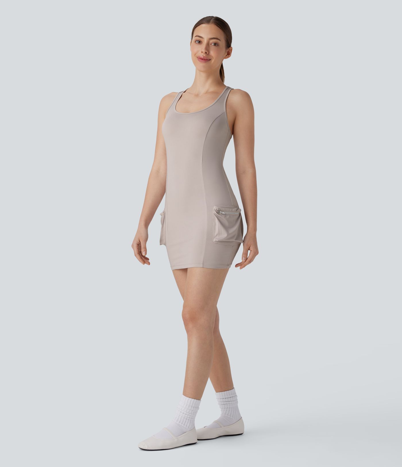 Vestido Bodycon Corto Activo de Baile con Bolsillo de Cremallera Cargo Racerback de 2 Piezas