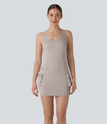 Vestido Bodycon Corto Activo de Baile con Bolsillo de Cremallera Cargo Racerback de 2 Piezas