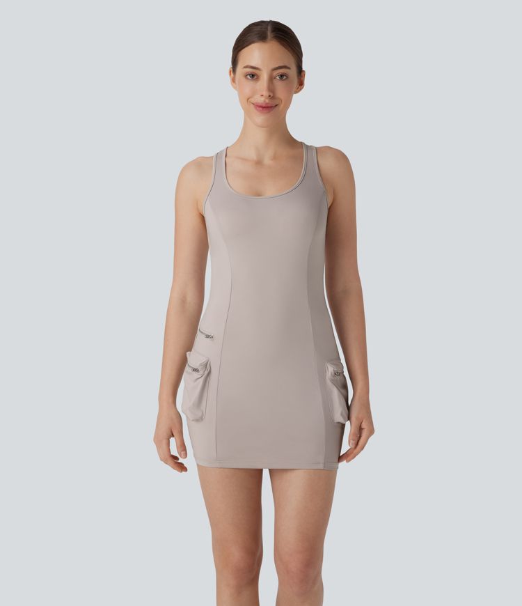 Vestido Bodycon Corto Activo de Baile con Bolsillo de Cremallera Cargo Racerback de 2 Piezas
