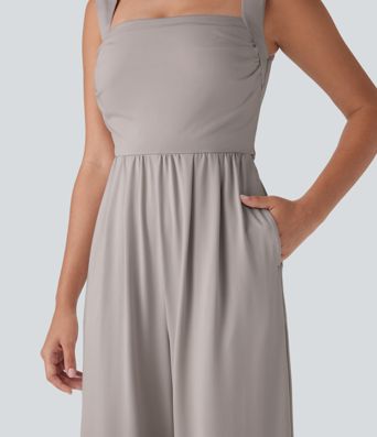 Square Neck Sleeveless Ruched Pocket Work Jumpsuit