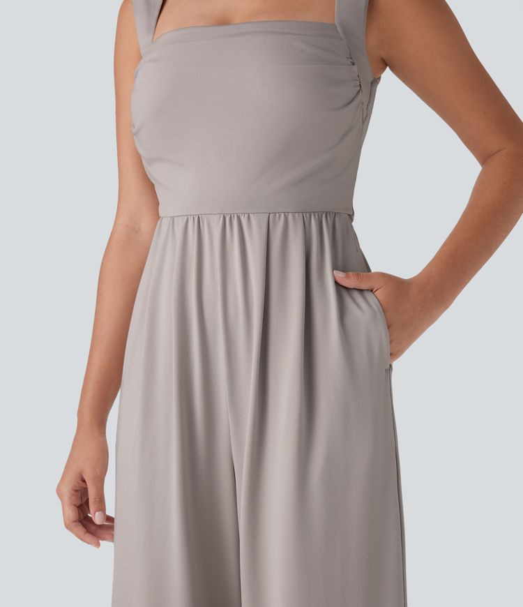 Square Neck Sleeveless Ruched Pocket Work Jumpsuit