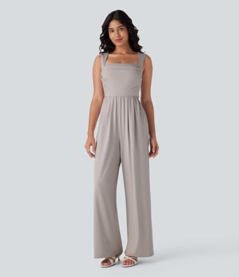 Square Neck Sleeveless Ruched Pocket Work Jumpsuit