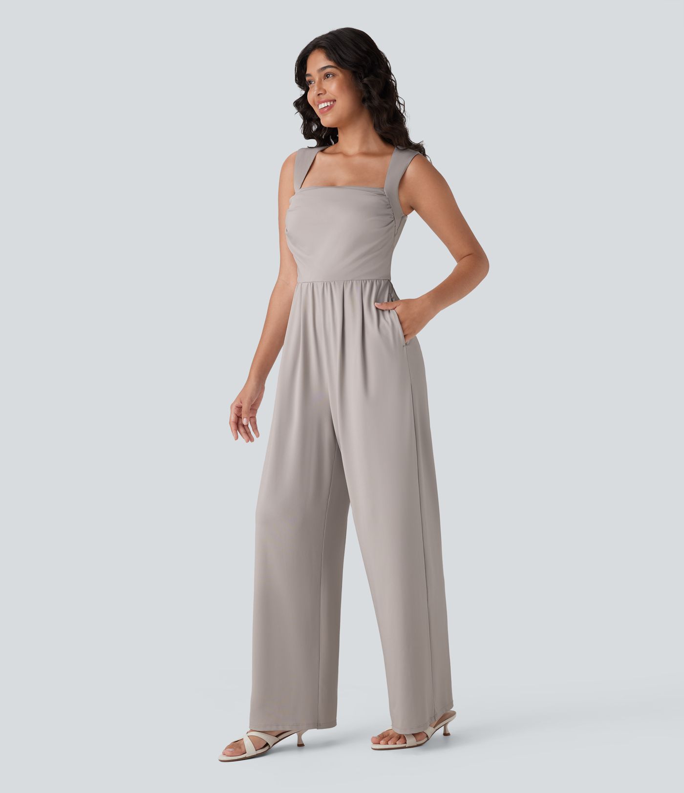 Square Neck Sleeveless Ruched Pocket Work Jumpsuit