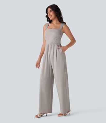 Square Neck Sleeveless Ruched Pocket Work Jumpsuit