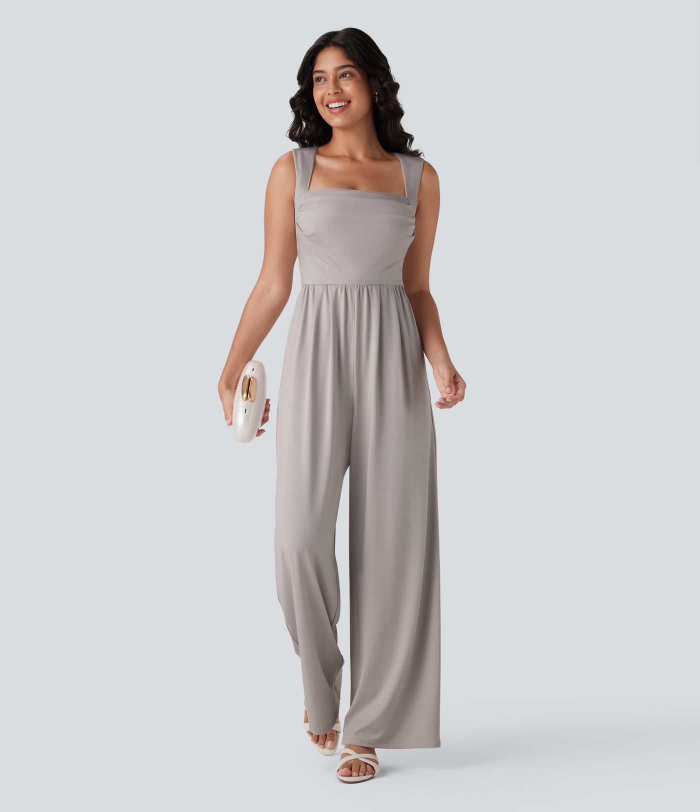 Square Neck Sleeveless Ruched Pocket Work Jumpsuit